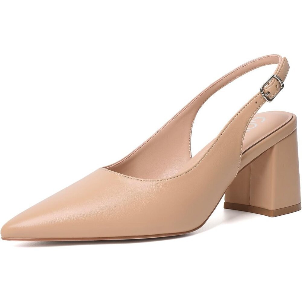 Women's Nude Pointed Closed Toe Slingback Chunky Heels Office Work Pump Shoes